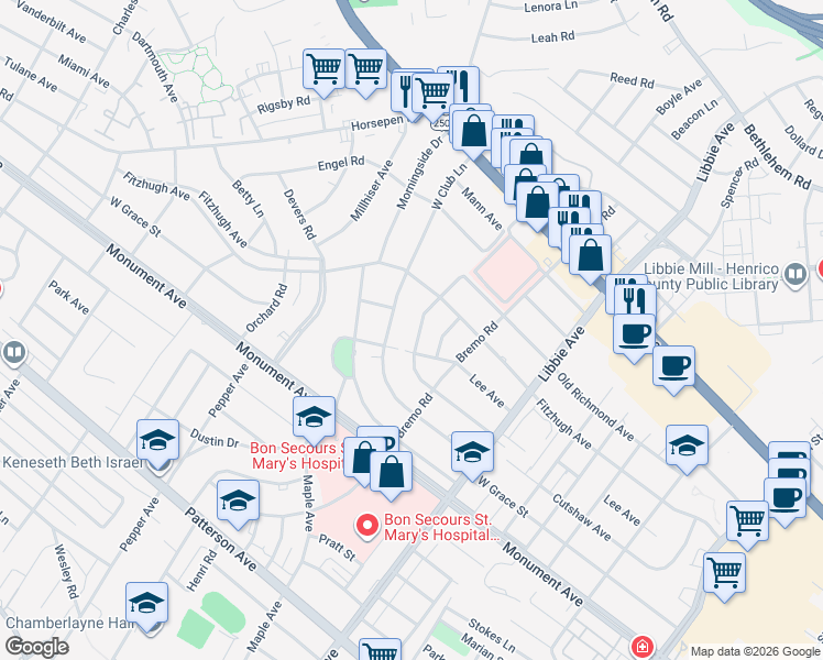 map of restaurants, bars, coffee shops, grocery stores, and more near 6000 South Crestwood Avenue in Richmond