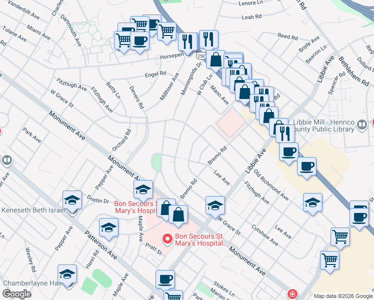 map of restaurants, bars, coffee shops, grocery stores, and more near 6000 South Crestwood Avenue in Richmond