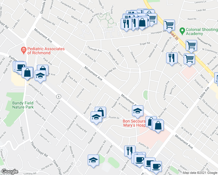 map of restaurants, bars, coffee shops, grocery stores, and more near 6319 Monument Avenue in Richmond