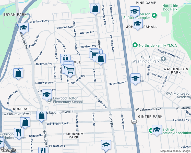 map of restaurants, bars, coffee shops, grocery stores, and more near 1219 Nottoway Avenue in Richmond