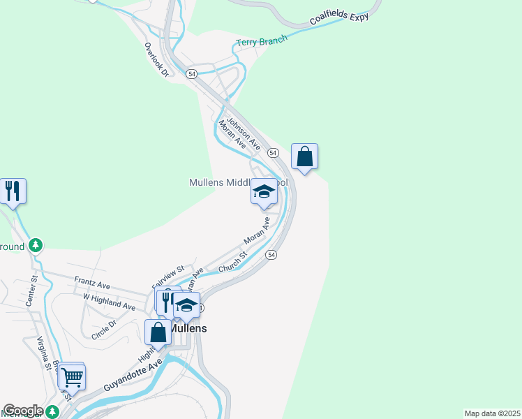 map of restaurants, bars, coffee shops, grocery stores, and more near Moran Avenue in Mullens