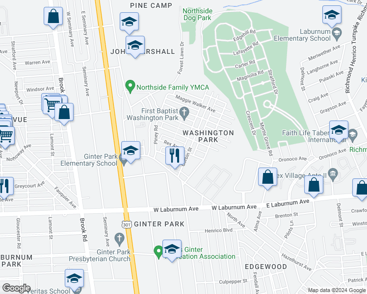 map of restaurants, bars, coffee shops, grocery stores, and more near 706 Rex Avenue in Richmond