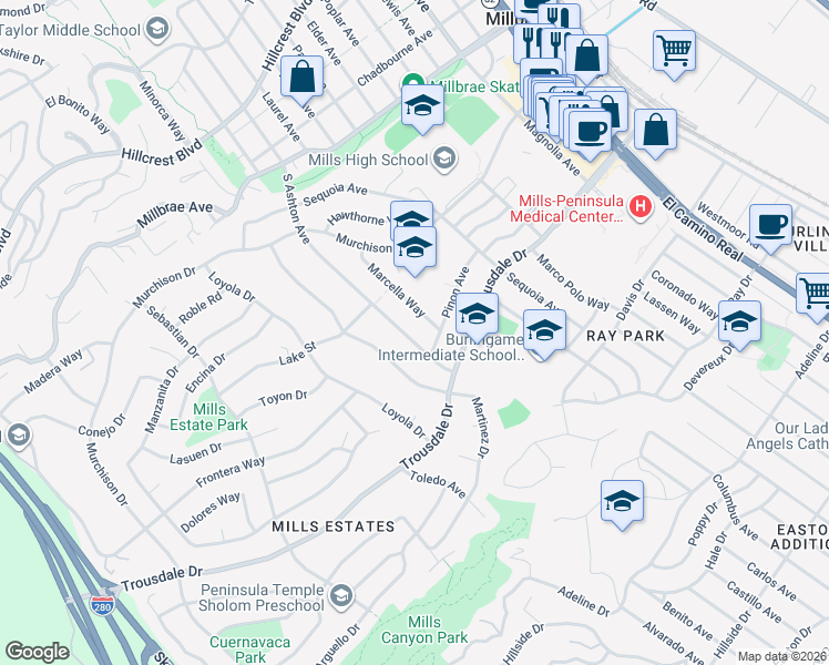 map of restaurants, bars, coffee shops, grocery stores, and more near 328 South Ashton Avenue in Millbrae