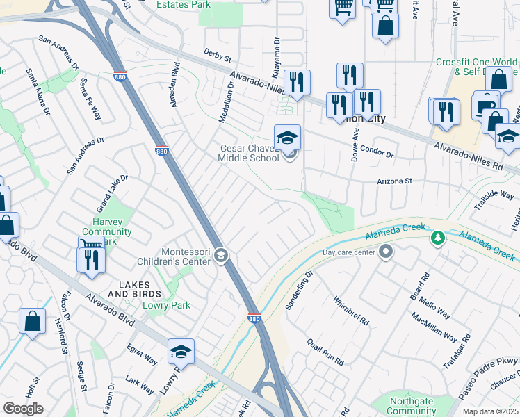 map of restaurants, bars, coffee shops, grocery stores, and more near 167 Kona Circle in Union City