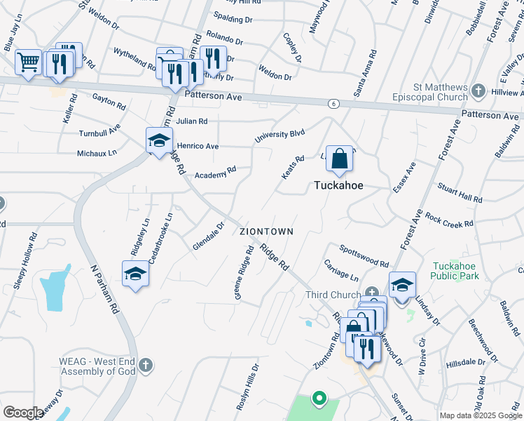 map of restaurants, bars, coffee shops, grocery stores, and more near 801 Keats Road in Henrico