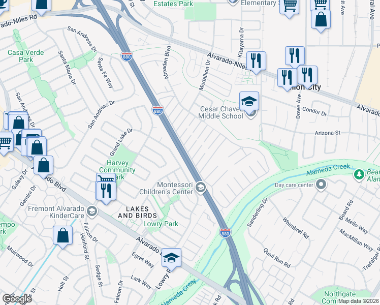 map of restaurants, bars, coffee shops, grocery stores, and more near 437 Samoa Circle in Union City