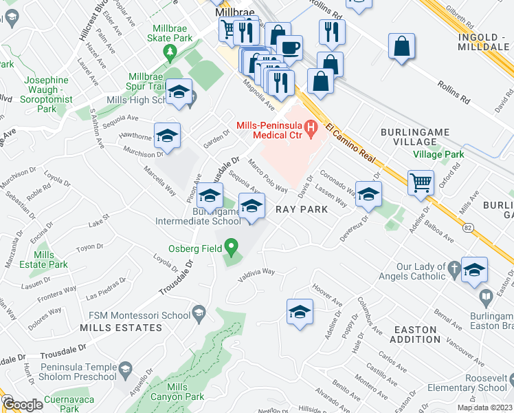map of restaurants, bars, coffee shops, grocery stores, and more near 1726 Quesada Way in Burlingame