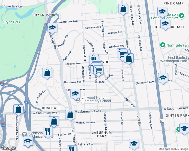 map of restaurants, bars, coffee shops, grocery stores, and more near 1502 Nottoway Avenue in Richmond