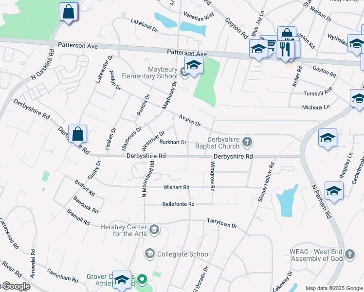 map of restaurants, bars, coffee shops, grocery stores, and more near 9103 Burkhart Drive in Richmond