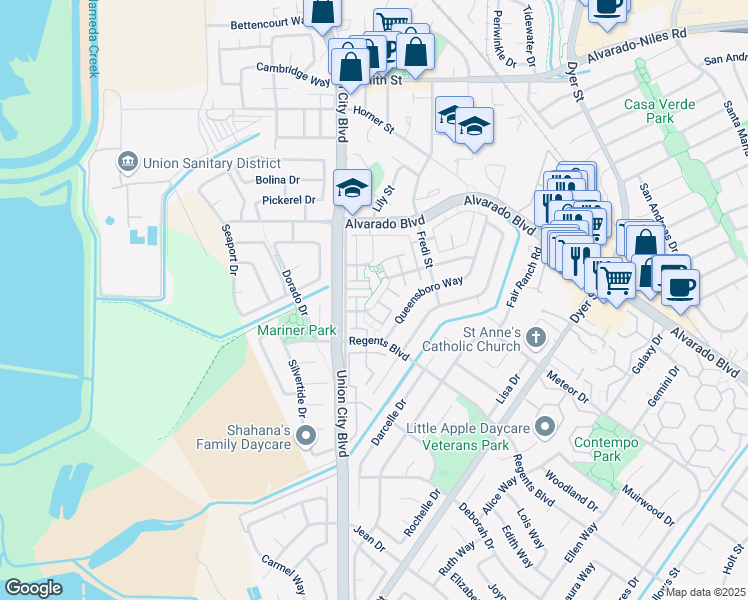 map of restaurants, bars, coffee shops, grocery stores, and more near 4528 Vía Madrid in Union City