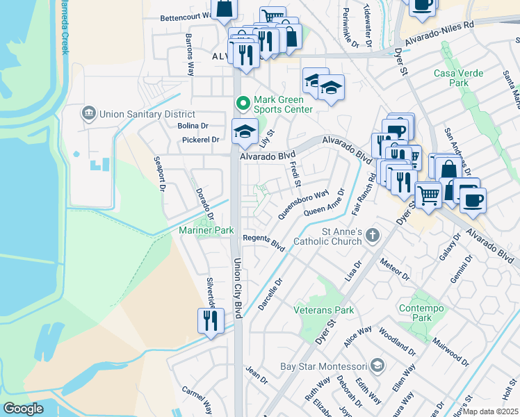 map of restaurants, bars, coffee shops, grocery stores, and more near 4528 Vía Madrid in Union City