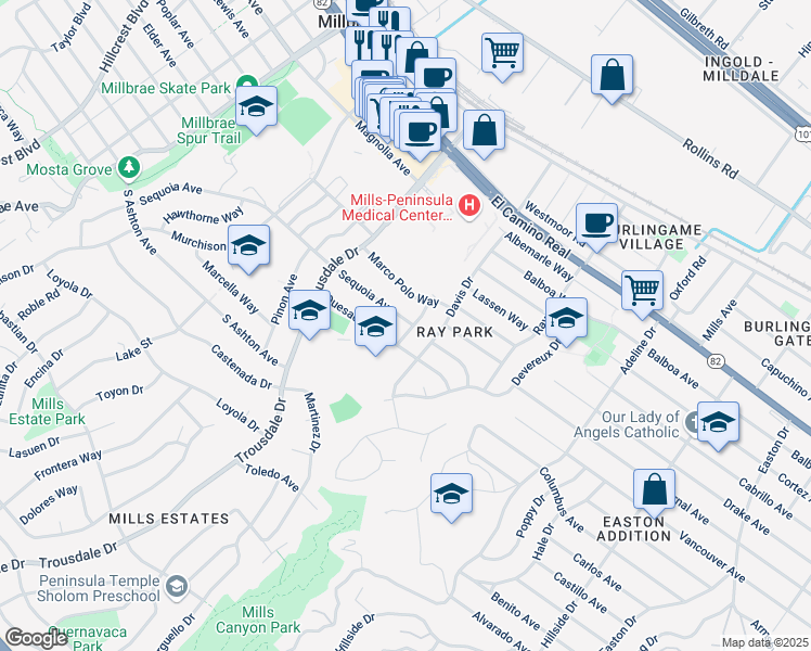 map of restaurants, bars, coffee shops, grocery stores, and more near 1712 Quesada Way in Burlingame