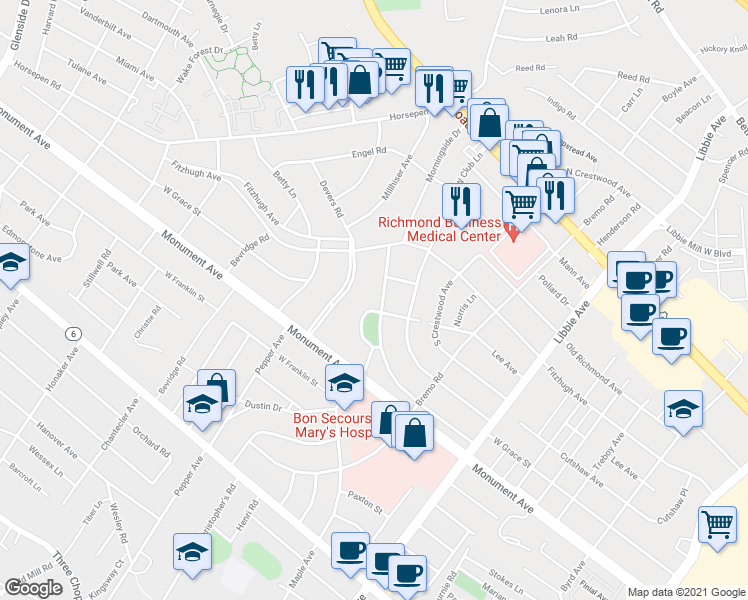 map of restaurants, bars, coffee shops, grocery stores, and more near 6003 Morningside Drive in Richmond