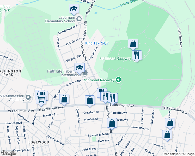 map of restaurants, bars, coffee shops, grocery stores, and more near 3961 Richmond Henrico Turnpike in Richmond