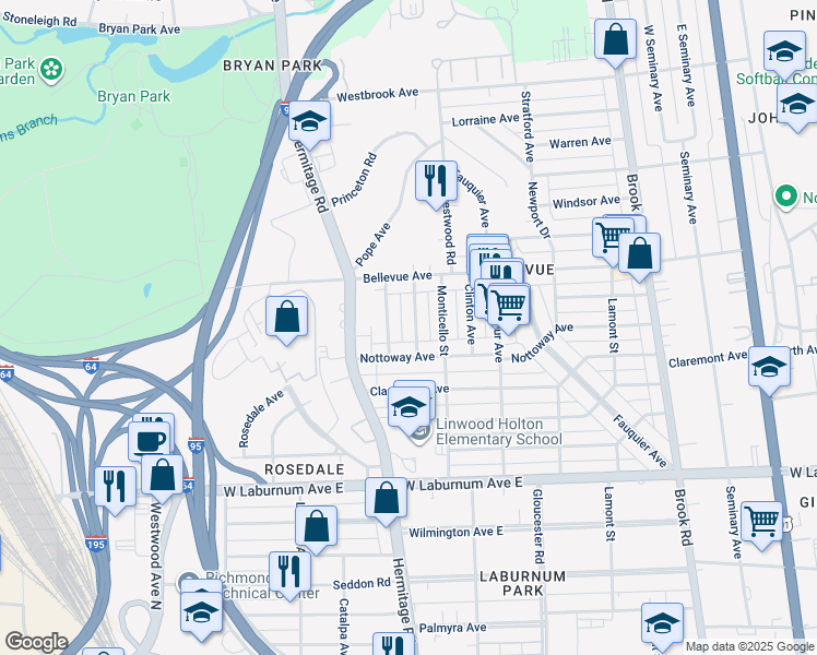 map of restaurants, bars, coffee shops, grocery stores, and more near 4012 Mount Vernon Street in Richmond