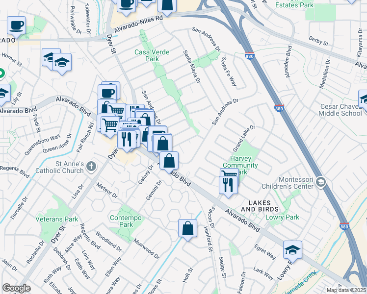 map of restaurants, bars, coffee shops, grocery stores, and more near 31422 San Jacinto Court in Union City