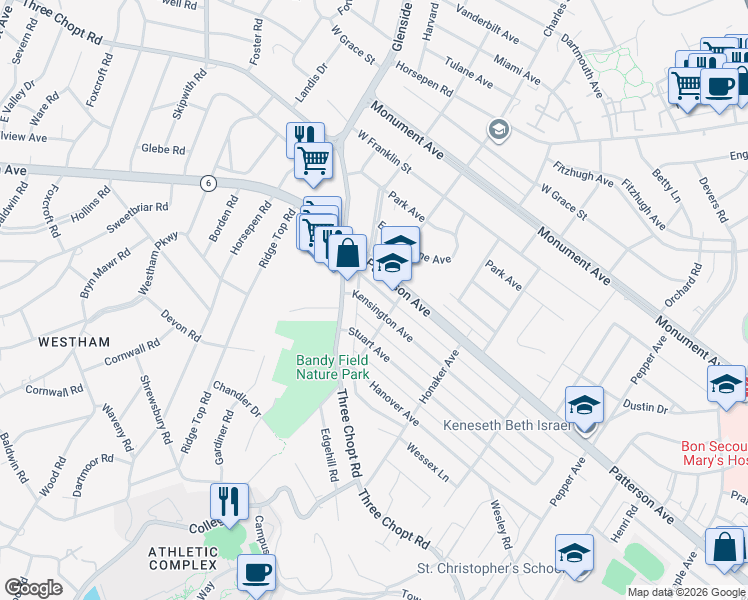 map of restaurants, bars, coffee shops, grocery stores, and more near 6808 Kensington Avenue in Richmond