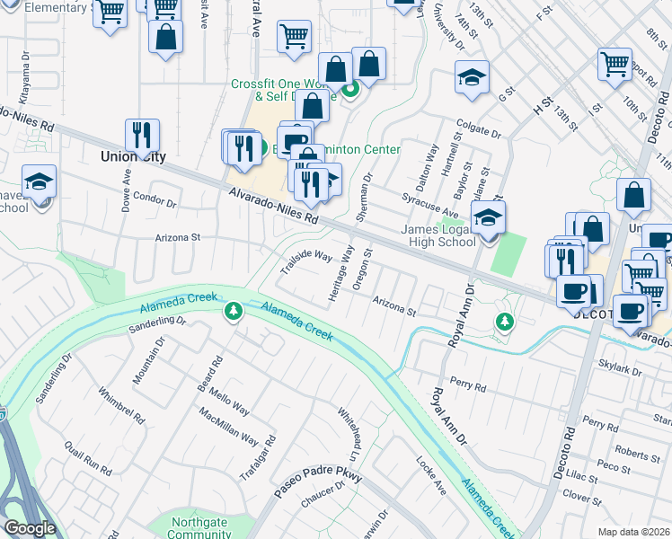 map of restaurants, bars, coffee shops, grocery stores, and more near 2440 Heritage Way in Union City