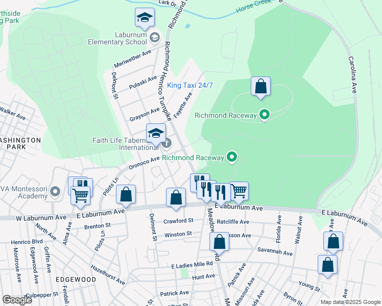 map of restaurants, bars, coffee shops, grocery stores, and more near 3961 Richmond Henrico Turnpike in Richmond
