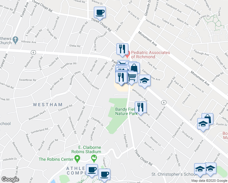 map of restaurants, bars, coffee shops, grocery stores, and more near 6916 Everview Road in Richmond
