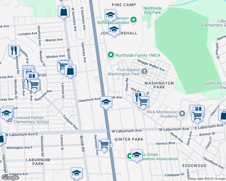 map of restaurants, bars, coffee shops, grocery stores, and more near 3924 Old Brook Road in Richmond