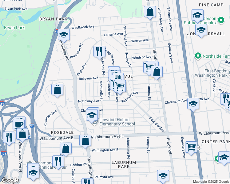 map of restaurants, bars, coffee shops, grocery stores, and more near 1502 Nottoway Avenue in Richmond