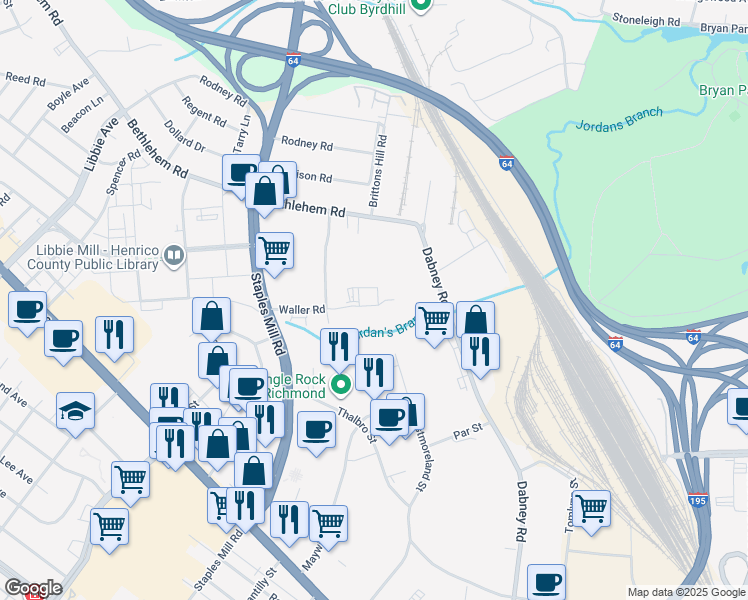 map of restaurants, bars, coffee shops, grocery stores, and more near 5003 Waller Road in Richmond