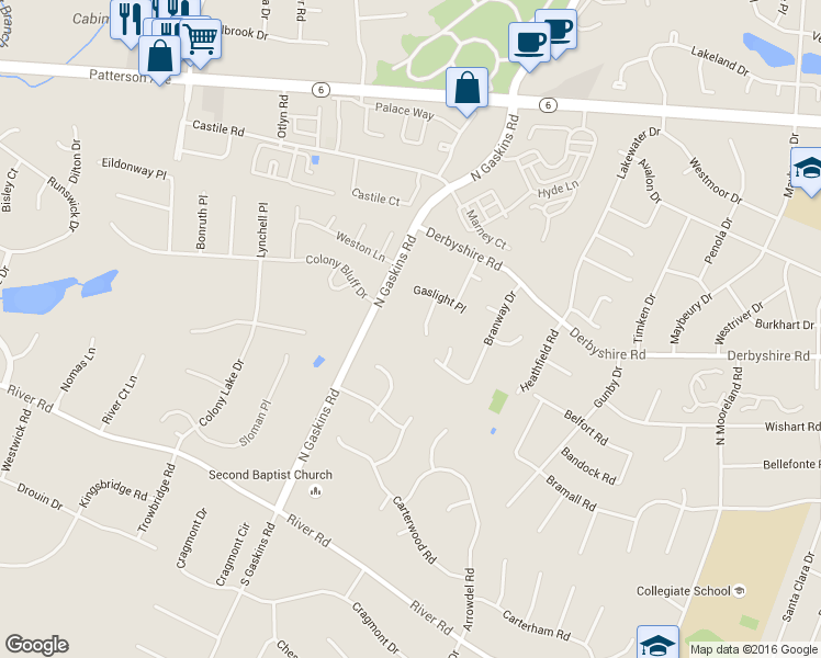 map of restaurants, bars, coffee shops, grocery stores, and more near 408 Gaslight Terrace in Henrico