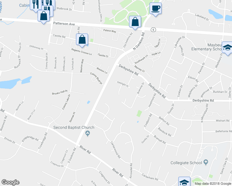 map of restaurants, bars, coffee shops, grocery stores, and more near 408 Gaslight Terrace in Henrico