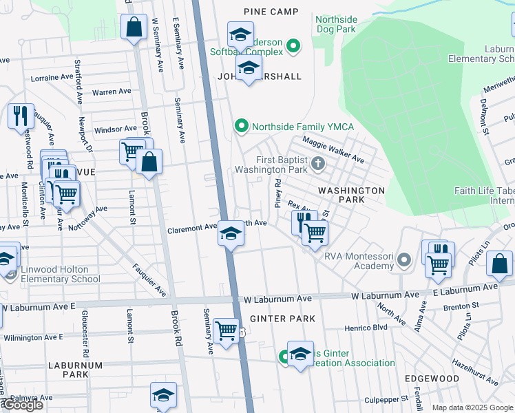 map of restaurants, bars, coffee shops, grocery stores, and more near 3949 Old Brook Road in Richmond