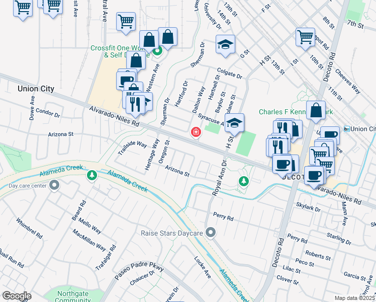 map of restaurants, bars, coffee shops, grocery stores, and more near 2476 Stanford Street in Union City