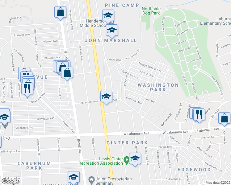 map of restaurants, bars, coffee shops, grocery stores, and more near 3949 Old Brook Road in Richmond