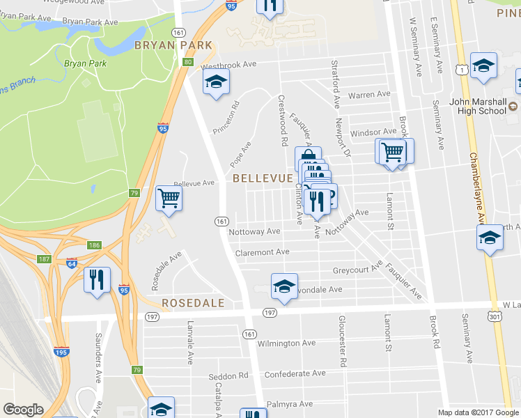 map of restaurants, bars, coffee shops, grocery stores, and more near 4014 Mount Vernon Street in Richmond