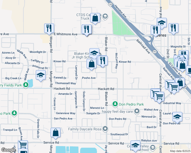 map of restaurants, bars, coffee shops, grocery stores, and more near 1609 Posho Avenue in Ceres