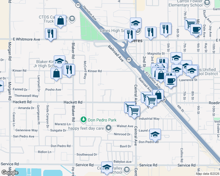 map of restaurants, bars, coffee shops, grocery stores, and more near 3108 Crownview Drive in Ceres