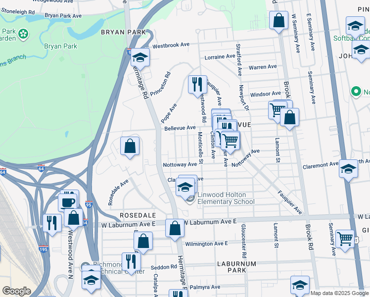 map of restaurants, bars, coffee shops, grocery stores, and more near 4014 Mount Vernon Street in Richmond