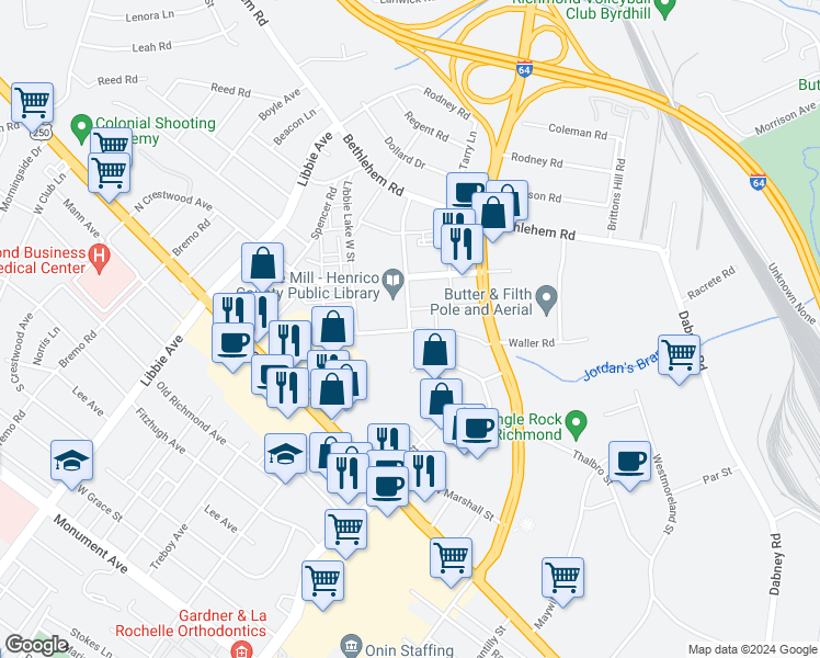 map of restaurants, bars, coffee shops, grocery stores, and more near 2151 Park Lane in Richmond