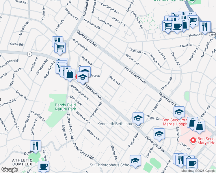 map of restaurants, bars, coffee shops, grocery stores, and more near 6609 Van Buren Avenue in Richmond