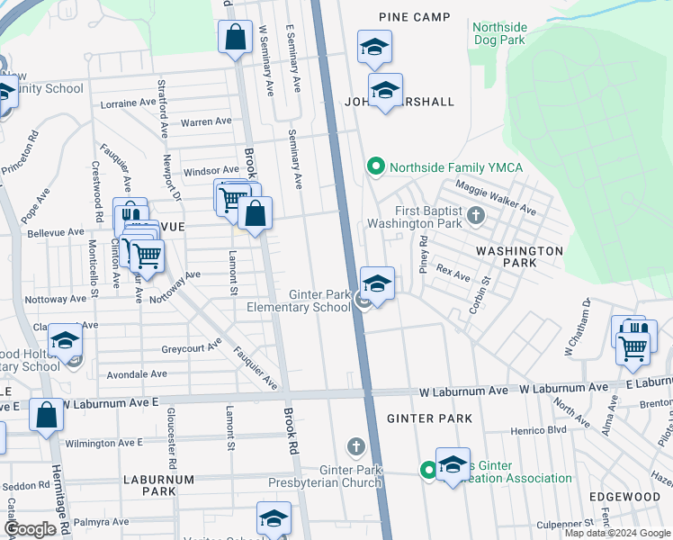 map of restaurants, bars, coffee shops, grocery stores, and more near 3906 Chamberlayne Avenue in Richmond