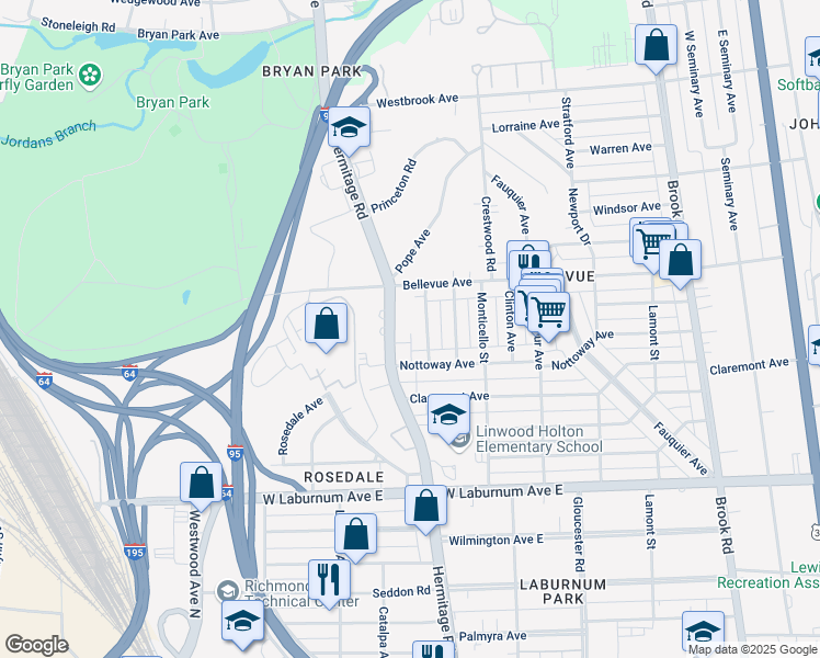 map of restaurants, bars, coffee shops, grocery stores, and more near 4015 Hermitage Road in Richmond