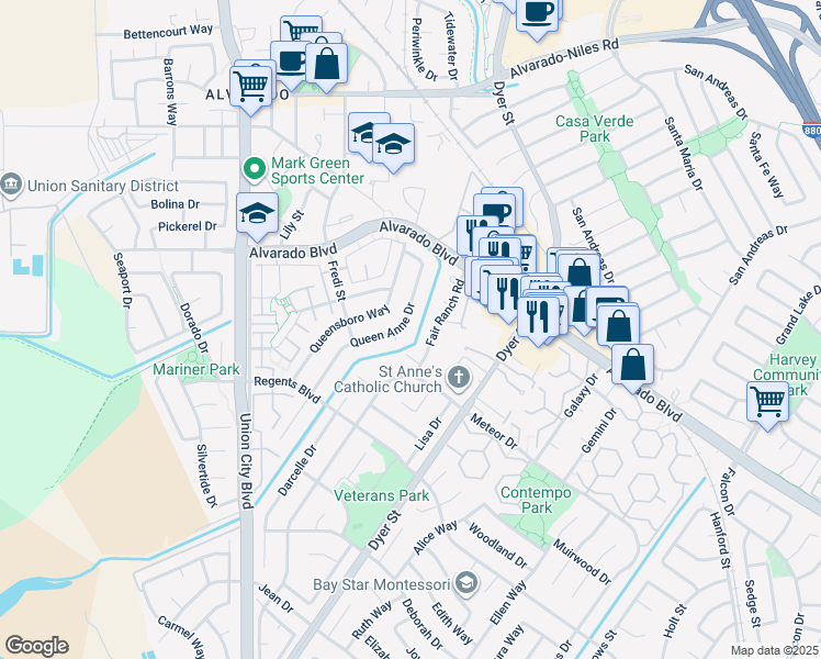 map of restaurants, bars, coffee shops, grocery stores, and more near 4263 Queen Anne Drive in Union City