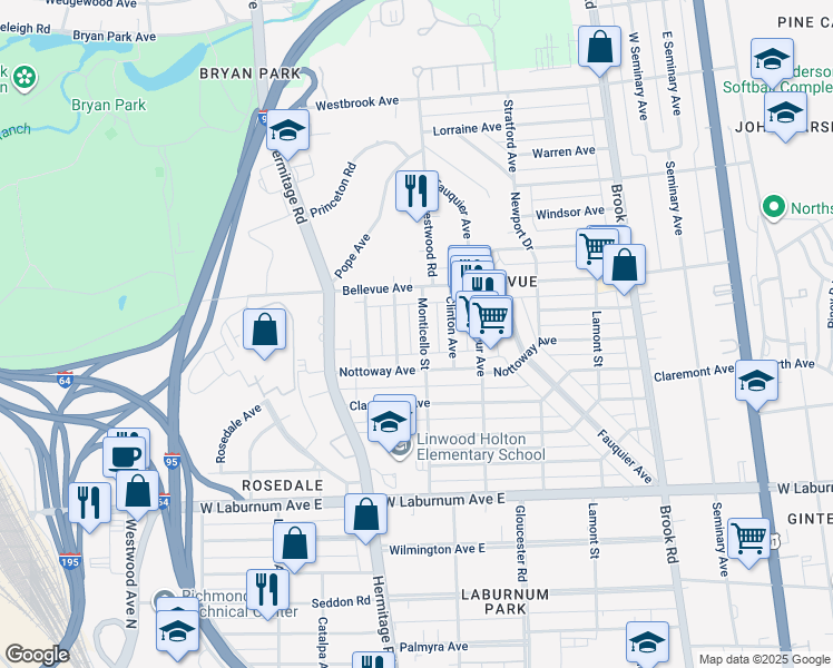 map of restaurants, bars, coffee shops, grocery stores, and more near 4014 Monticello Street in Richmond