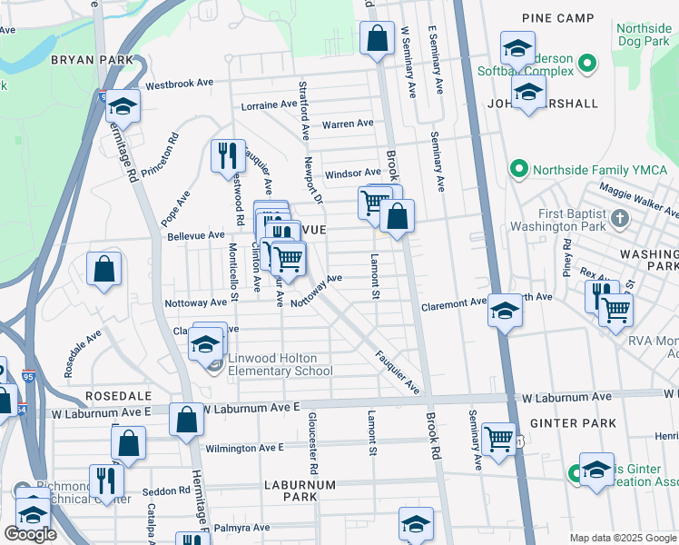 map of restaurants, bars, coffee shops, grocery stores, and more near 1322 Nottoway Avenue in Richmond