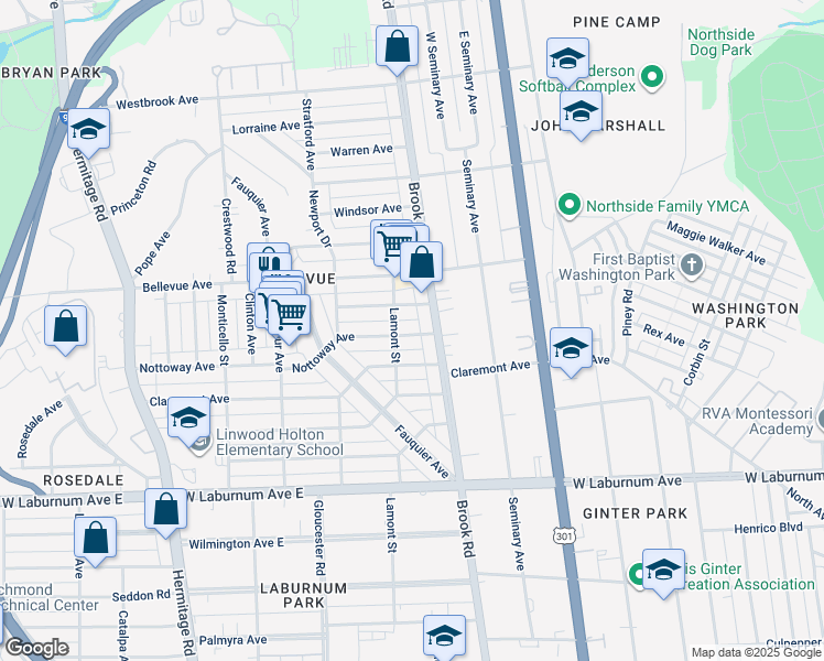 map of restaurants, bars, coffee shops, grocery stores, and more near 1216 Nottoway Avenue in Richmond