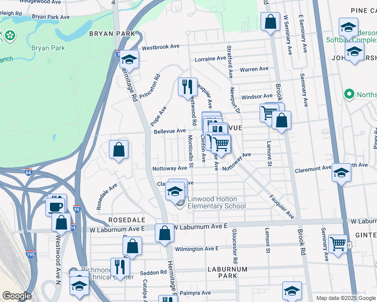 map of restaurants, bars, coffee shops, grocery stores, and more near 4014 Monticello Street in Richmond