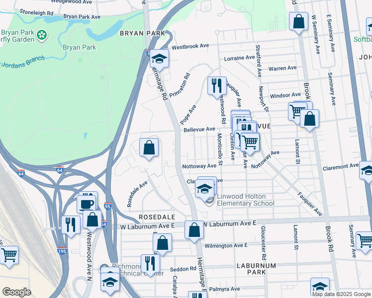 map of restaurants, bars, coffee shops, grocery stores, and more near 4015 Hermitage Road in Richmond