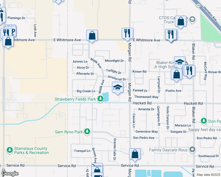 map of restaurants, bars, coffee shops, grocery stores, and more near 1120 Highlands Park Drive in Ceres