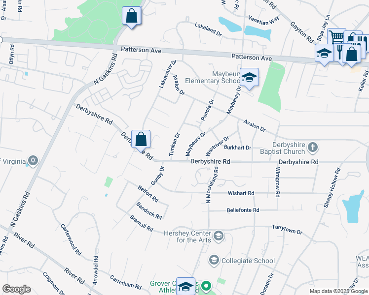 map of restaurants, bars, coffee shops, grocery stores, and more near 706 Maybeury Drive in Richmond