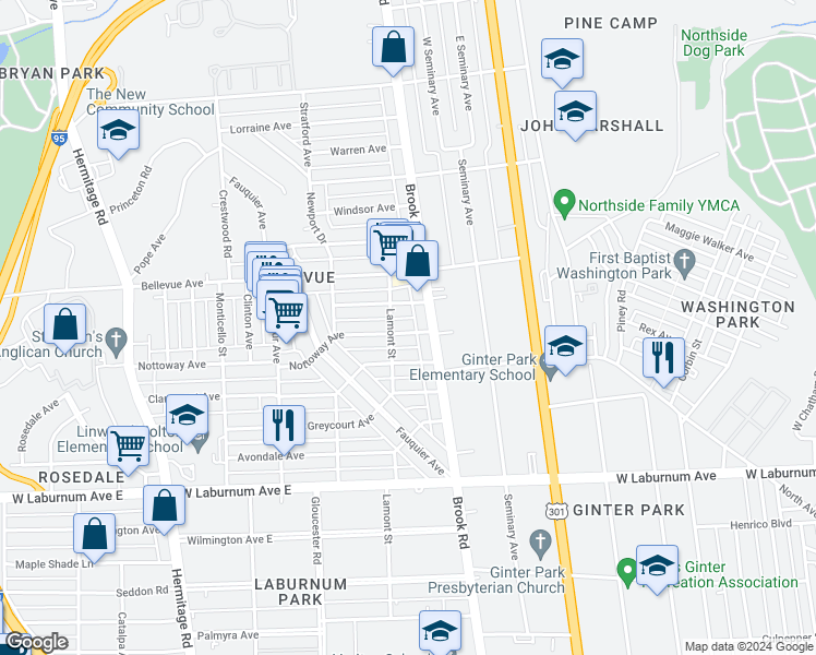 map of restaurants, bars, coffee shops, grocery stores, and more near 1216 Nottoway Avenue in Richmond