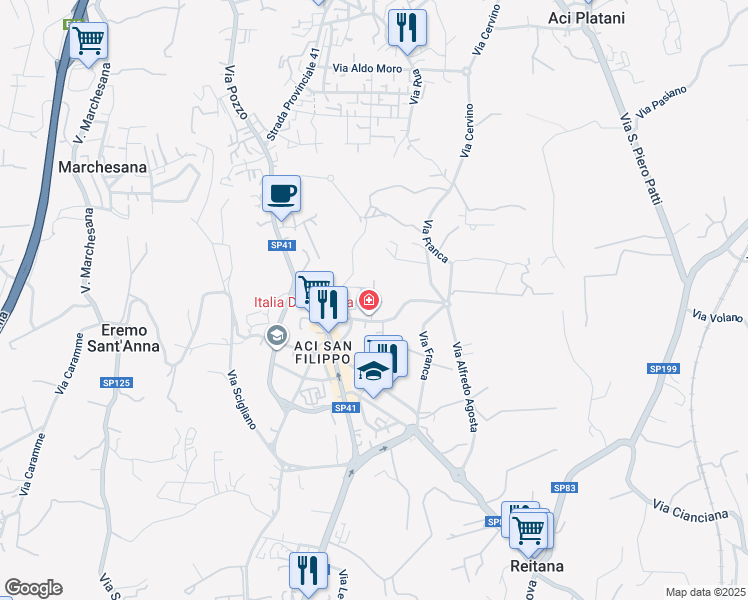 map of restaurants, bars, coffee shops, grocery stores, and more near 69b Via San Giuseppe San Filippo in Aci Catena